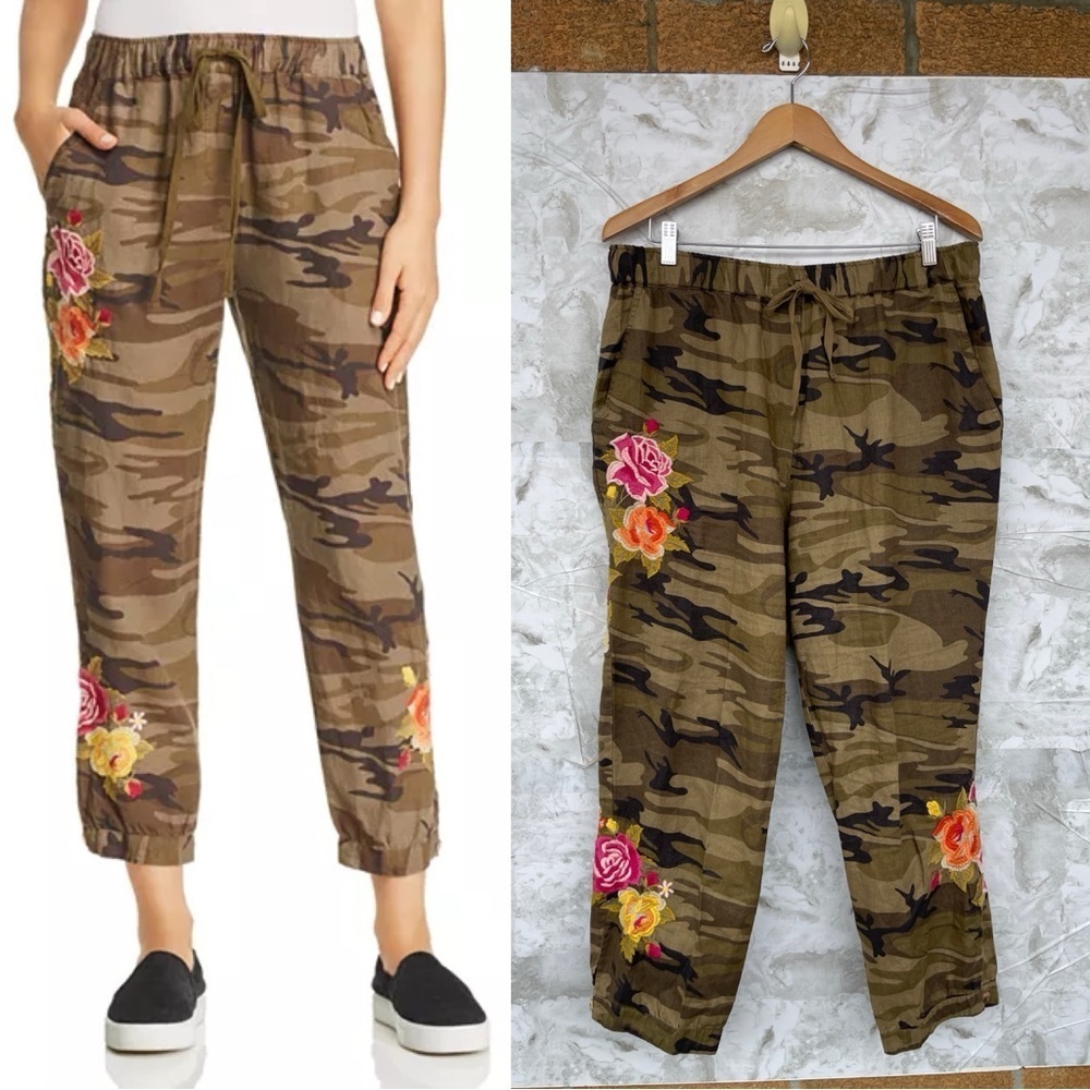 Johnny Was Vella Camo-Print Cropped Linen Pants size large